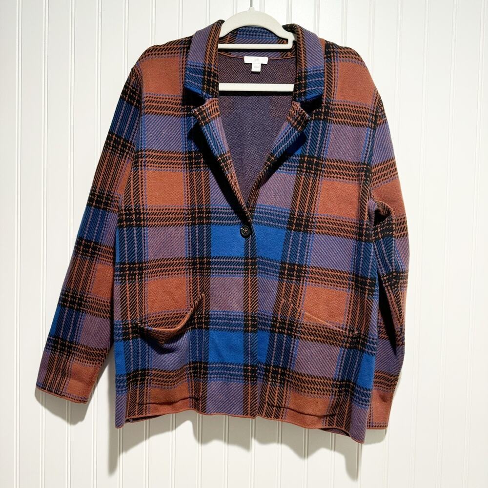 J Jill Plaid Sweater Jacket Blazer Blue Orange Size Large - Picture 2 of 7